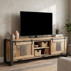 Industrial Rustic Solid Light Mango Wood And Black Metal 2 Sliding Door 2 Shelf TV Stand Low Sideboard 160cm