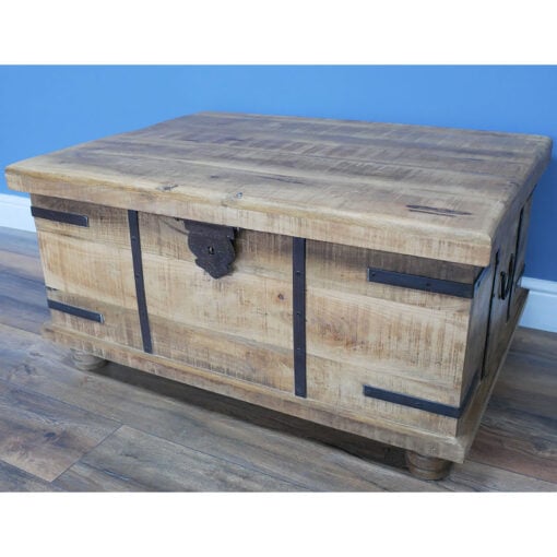 Industrial Rustic Solid Light Mango Wood Trunk Lift Top Storage Coffee Table Bench 91cm