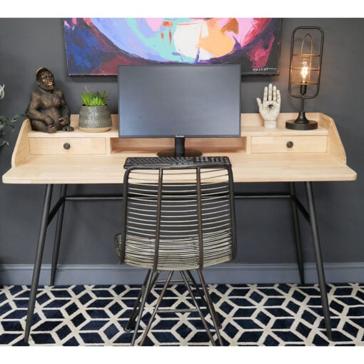 Industrial Rustic Solid Light Rubber Wood And Black Metal Desk
