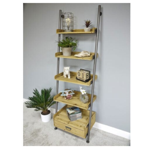 Industrial Rustic Solid Light Wood And Grey Metal 5 Tier 1 Drawer Ladder Style Shelving Unit Bookcase 200cm