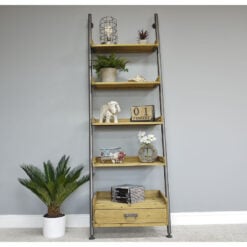 Industrial Rustic Solid Light Wood And Grey Metal 5 Tier 1 Drawer Ladder Style Shelving Unit Bookcase 200cm