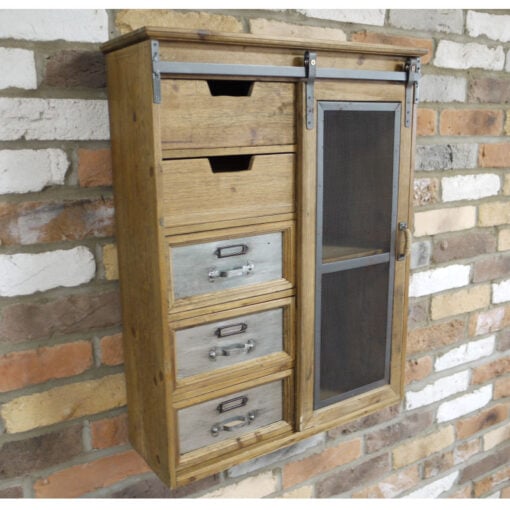 Industrial Solid Fir Wood Multi Drawer 1 Sliding Mesh Door Wall Shelving Unit Cabinet 69cm