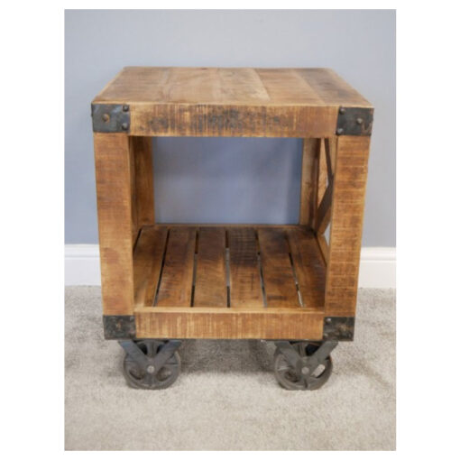 Industrial Solid Light Mango Wood And Black Metal Open 2 Tier Side Table Bedside Table With Wheels