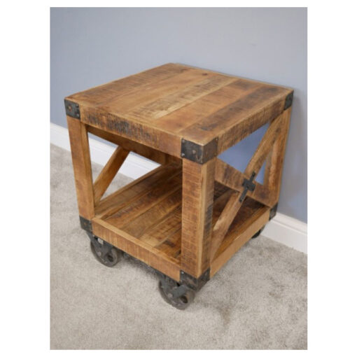 Industrial Solid Light Mango Wood And Black Metal Open 2 Tier Side Table Bedside Table With Wheels