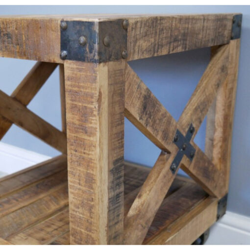 Industrial Solid Light Mango Wood And Black Metal Open 2 Tier Side Table Bedside Table With Wheels