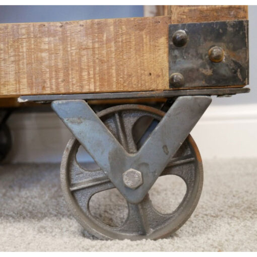 Industrial Solid Light Mango Wood And Black Metal Open 2 Tier Side Table Bedside Table With Wheels