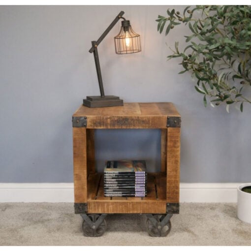 Industrial Solid Light Mango Wood And Black Metal Open 2 Tier Side Table Bedside Table With Wheels