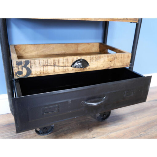 Industrial Solid Mango Wood And Black Metal 3 Tier Drinks Trolley