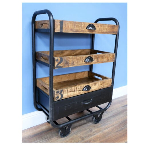 Industrial Solid Mango Wood And Black Metal 3 Tier Drinks Trolley