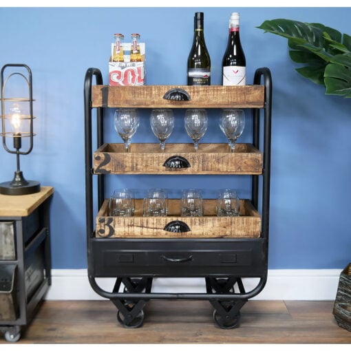 Industrial Solid Mango Wood And Black Metal 3 Tier Drinks Trolley