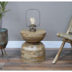 Rustic Solid Light Mango Wood Carved Abstract Chunky Side Table End Table