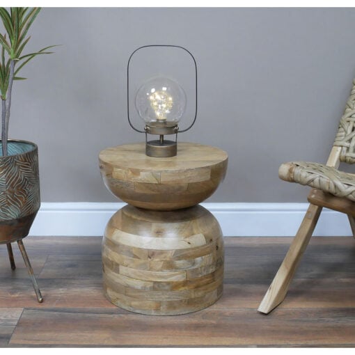 Rustic Solid Light Mango Wood Carved Abstract Chunky Side Table End Table
