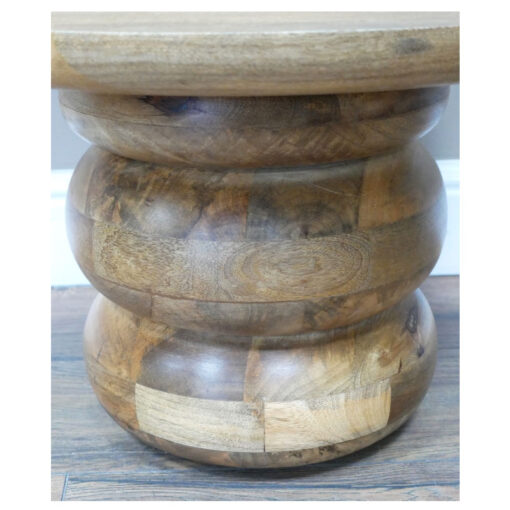 Rustic Solid Light Mango Wood Carved Abstract Round Side Table End Table