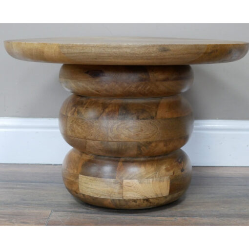 Rustic Solid Light Mango Wood Carved Abstract Round Side Table End Table