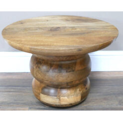 Rustic Solid Light Mango Wood Carved Abstract Round Side Table End Table