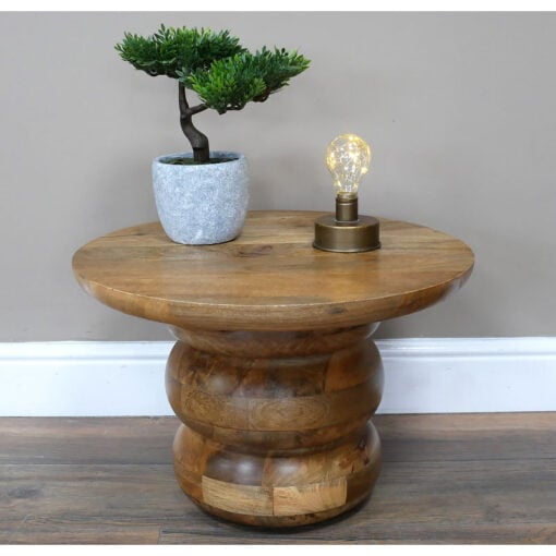 Rustic Solid Light Mango Wood Carved Abstract Round Side Table End Table