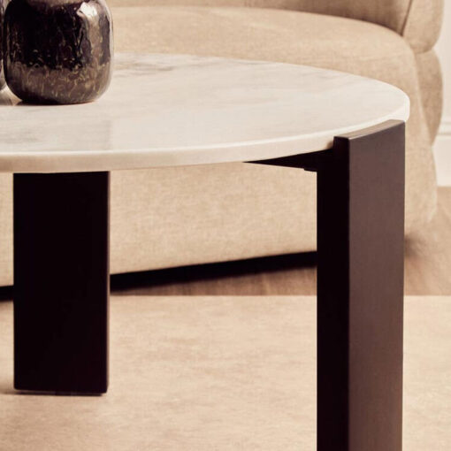 Boho Black Solid Acacia Wood And White Marble Round Coffee Table 89cm