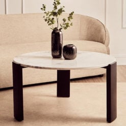 Boho Black Solid Acacia Wood And White Marble Round Coffee Table 89cm
