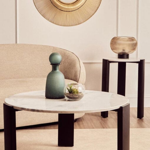 Boho Black Solid Acacia Wood And White Marble Round Side Table 61cm