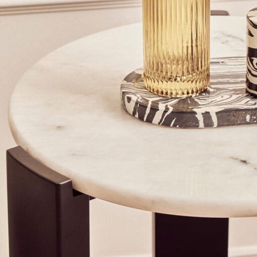 Boho Black Solid Acacia Wood And White Marble Round Side Table 61cm