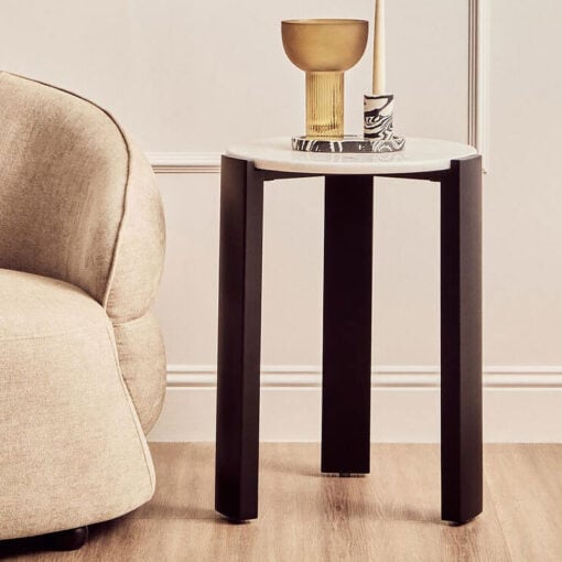 Boho Black Solid Acacia Wood And White Marble Round Side Table 61cm