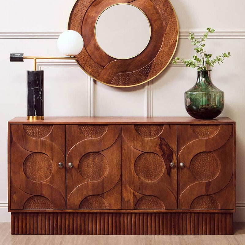 Boho Dark Brown Solid Carved Mango Wood Large 4 Door Sideboard 152cm Boho Dark Brown Solid Carved Mango Wood Large 4 Door Sideboard 152cm