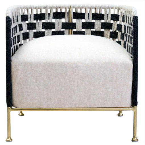 Boho Handwoven Black And White Jute Rope And Gold Metal Armchair Accent Chair
