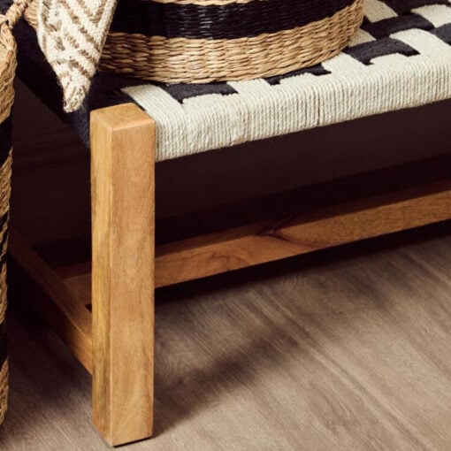 Boho Rustic Black And White Woven Jute And Solid Mango Wood Hallway Bedroom Bench 92cm