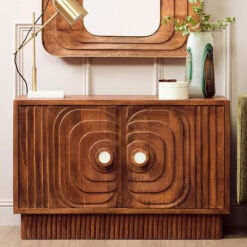 Boho Rustic Solid Brown Carved Mango Wood 2 Door Sideboard With White Marble Door Handles