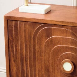 Boho Rustic Solid Brown Carved Mango Wood 2 Door Sideboard With White Marble Door Handles