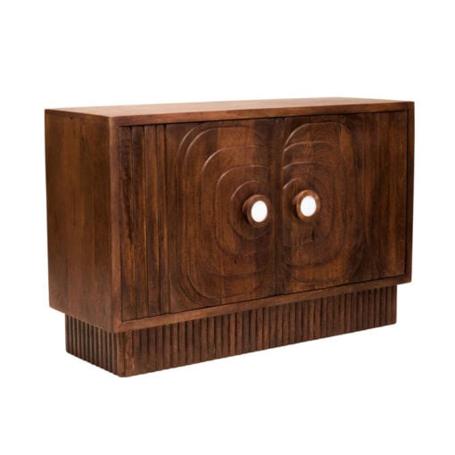 Boho Rustic Solid Brown Carved Mango Wood 2 Door Sideboard With White Marble Door Handles