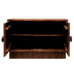Boho Rustic Solid Brown Carved Mango Wood 2 Door Sideboard With White Marble Door Handles