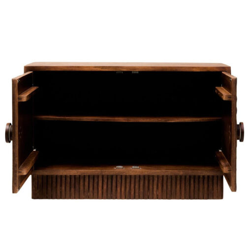 Boho Rustic Solid Brown Carved Mango Wood 2 Door Sideboard With White Marble Door Handles