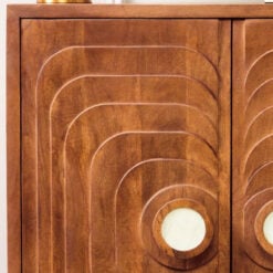 Boho Rustic Solid Brown Carved Mango Wood 2 Door Small Sideboard Cabinet With White Marble Door Handles