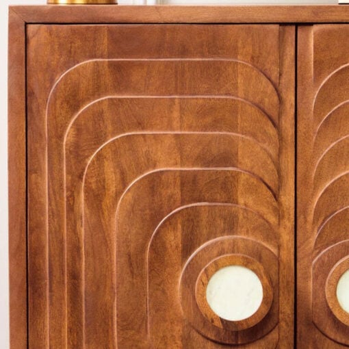 Boho Rustic Solid Brown Carved Mango Wood 2 Door Small Sideboard Cabinet With White Marble Door Handles