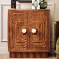 Boho Rustic Solid Brown Carved Mango Wood 2 Door Small Sideboard Cabinet With White Marble Door Handles