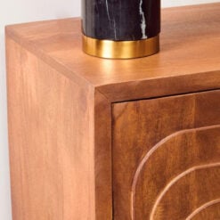 Boho Rustic Solid Brown Carved Mango Wood 2 Door Small Sideboard Cabinet With White Marble Door Handles