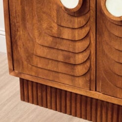 Boho Rustic Solid Brown Carved Mango Wood 2 Door Small Sideboard Cabinet With White Marble Door Handles