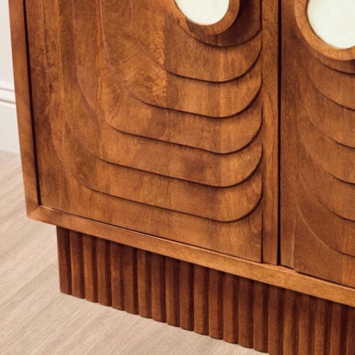 Boho Rustic Solid Brown Carved Mango Wood 2 Door Small Sideboard Cabinet With White Marble Door Handles