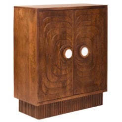 Boho Rustic Solid Brown Carved Mango Wood 2 Door Small Sideboard Cabinet With White Marble Door Handles