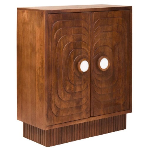 Boho Rustic Solid Brown Carved Mango Wood 2 Door Small Sideboard Cabinet With White Marble Door Handles