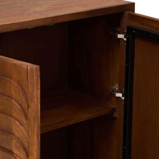 Boho Rustic Solid Brown Carved Mango Wood 2 Door Small Sideboard Cabinet With White Marble Door Handles
