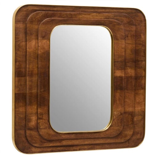 Boho Rustic Solid Brown Carved Mango Wood And Gold Metal Large Wall Mirror 99cm