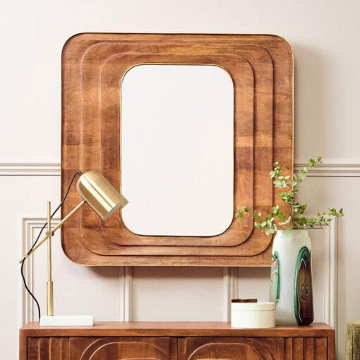Boho Rustic Solid Brown Carved Mango Wood And Gold Metal Large Wall Mirror 99cm