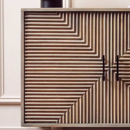 Boho Rustic Solid Grey Washed Carved Mango Wood 2 Door Small Sideboard Cabinet