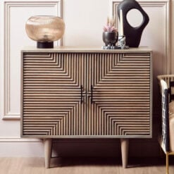 Boho Rustic Solid Grey Washed Carved Mango Wood 2 Door Small Sideboard Cabinet