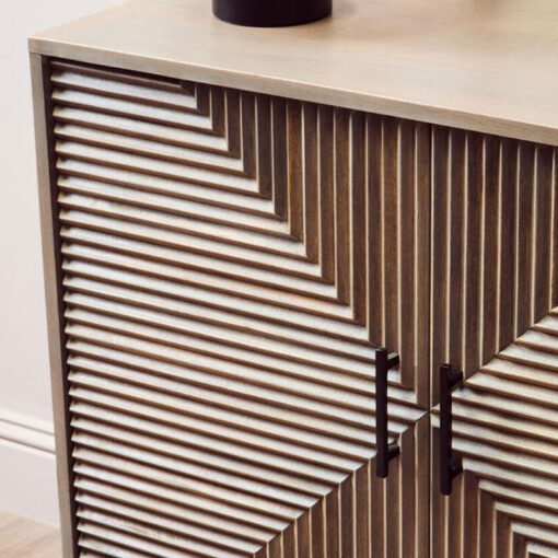 Boho Rustic Solid Grey Washed Carved Mango Wood 2 Door Small Sideboard Cabinet