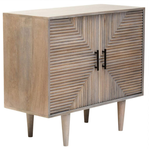 Boho Rustic Solid Grey Washed Carved Mango Wood 2 Door Small Sideboard Cabinet