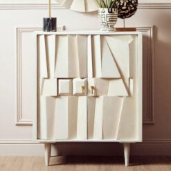 Boho White Washed Solid Carved Mango Wood 2 Door Abstract Sideboard Cabinet 91cm