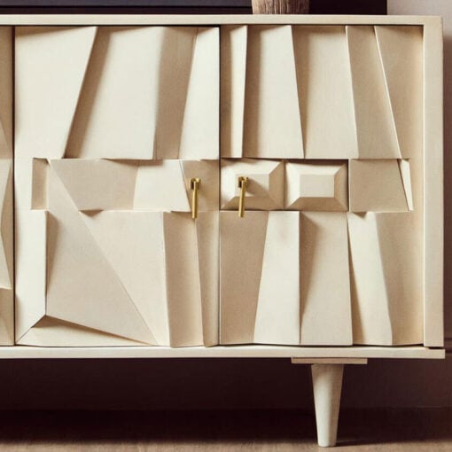 Boho White Washed Solid Carved Mango Wood 4 Door Abstract Large Sideboard 155cm